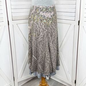 Y2k Boho Zoe D Tiered‎ Layer Damask Print Knit A Line Skirt Grey Pink Small